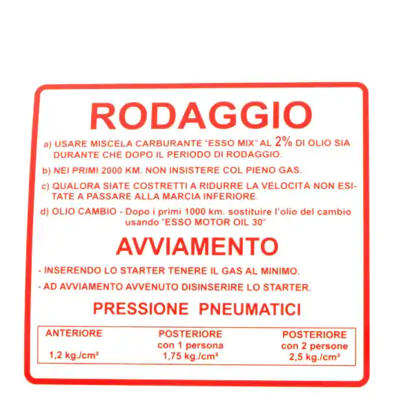 Adesivo rodaggio RMS Classic Piaggio Vespa Rally 180-200cc 610170M Spedizione Espresso